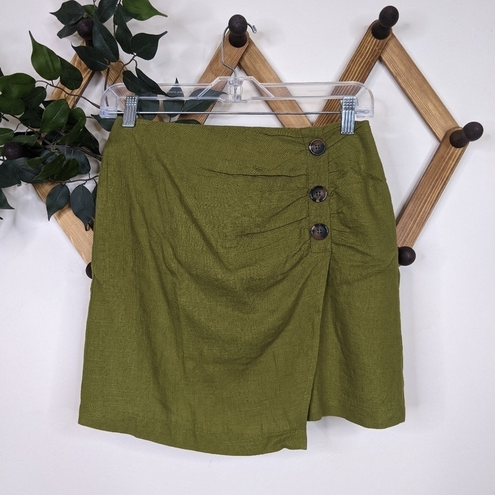 Forever 21 Faux Wrap Linen Blend Olive Green Mini Skirt - Size XS